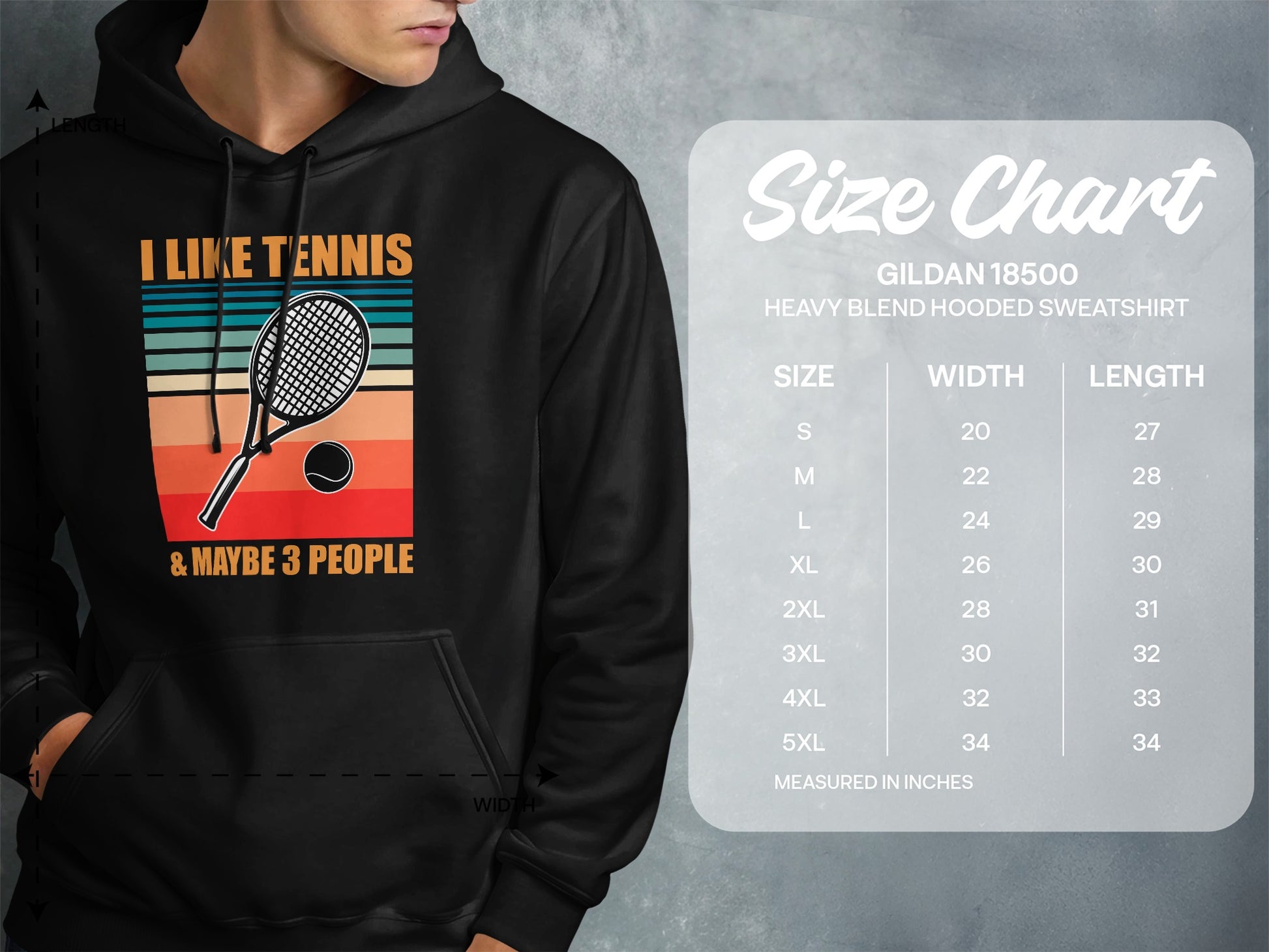 Hooded sweatshirt with "I Like Tennis & Maybe 3 People" text and a size chart.