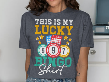 Dark gray t-shirt with "This is my lucky BINGO shirt" and bingo cards.