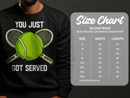Green tennis ball and rackets with text "You Just Got Served" and size chart.