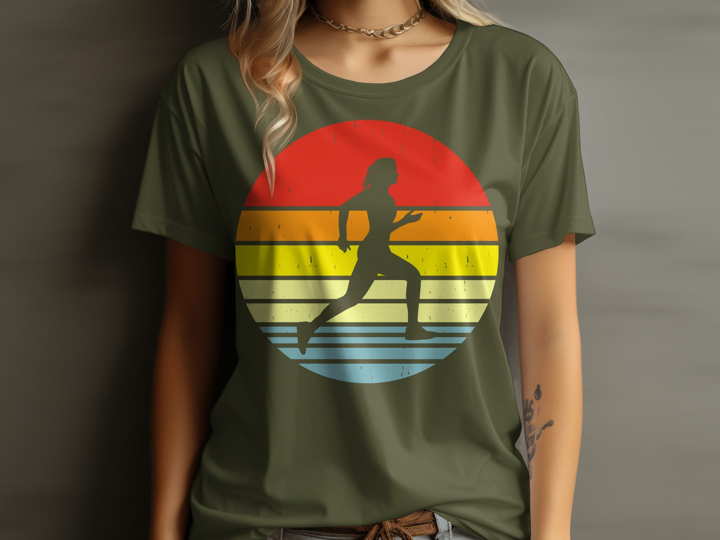 Olive green t-shirt with runner silhouette on striped circle sunset graphic.