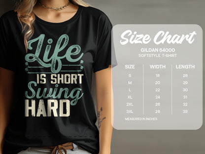 T-shirt size chart for Gildan 64000 softstyle t-shirt with measurements.