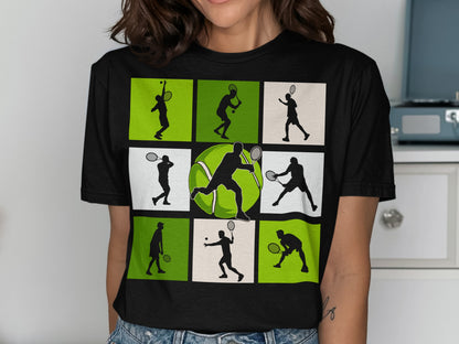 T-shirt with tennis player silhouettes and a large tennis ball in the center.