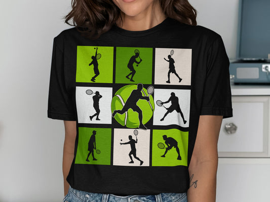 T-shirt with tennis player silhouettes and a large tennis ball in the center.