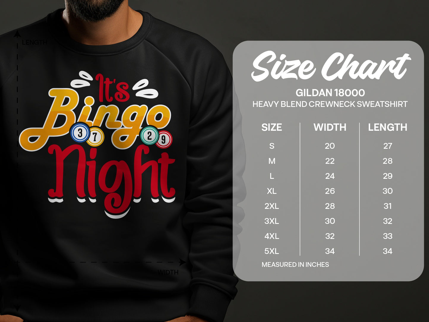 Gildan 18000 sweatshirt size chart with "It's Bingo Night" graphic.