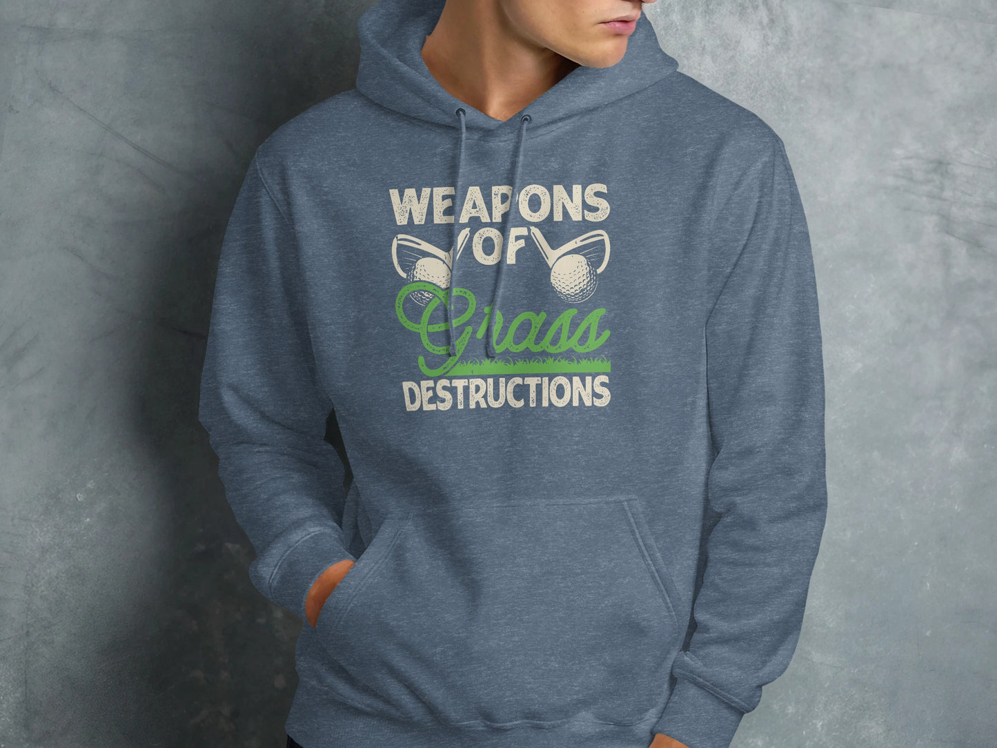 Blue hoodie with "Weapons of Grass Destructions" golf graphic.