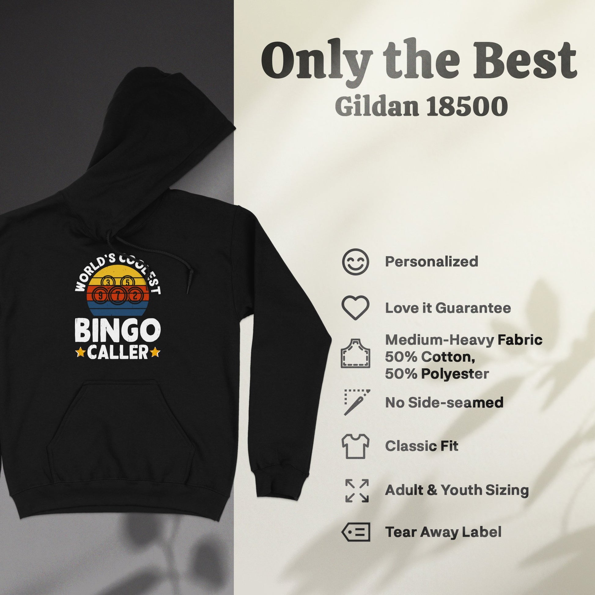 Black Gildan 18500 hoodie with "BINGO CALLER" text and graphic.