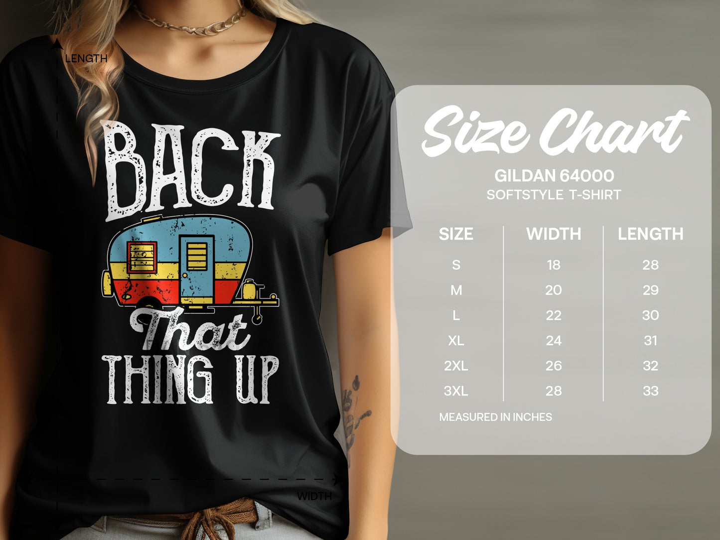 T-shirt with "BACK THAT THING UP" text, a retro camper graphic, and a size chart.