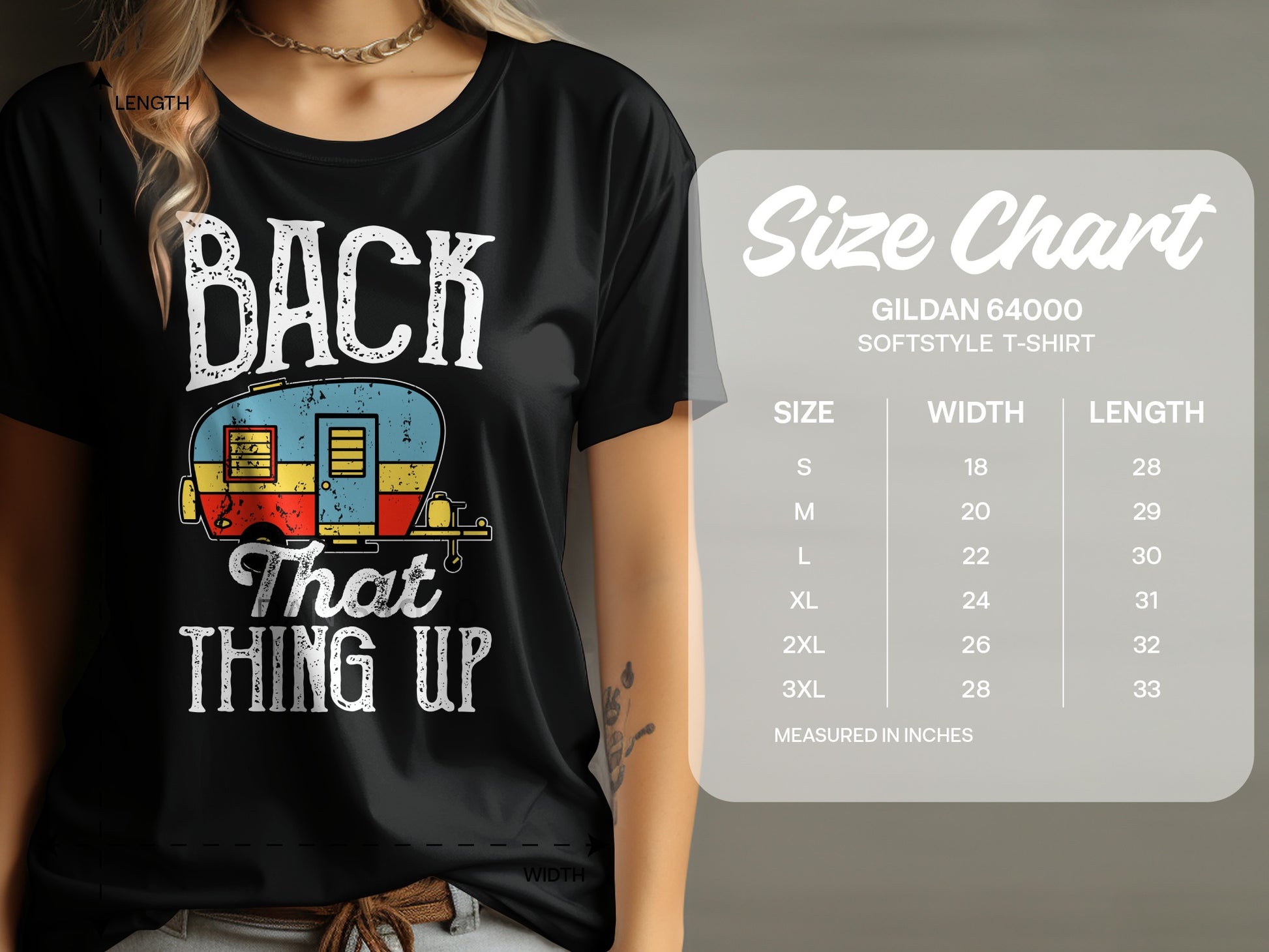 T-shirt with "BACK THAT THING UP" text, a retro camper graphic, and a size chart.