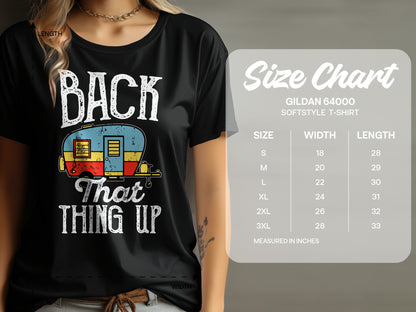 T-shirt with "BACK THAT THING UP" text, a retro camper graphic, and a size chart.