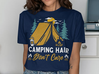 T-shirt with "Camping Hair Don't Care" text and tent graphic.