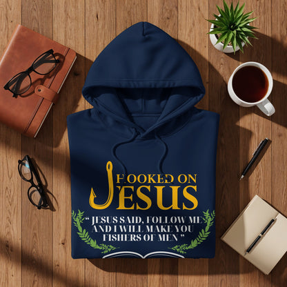 Navy hoodie with "Hooked on Jesus" text and Bible verse.