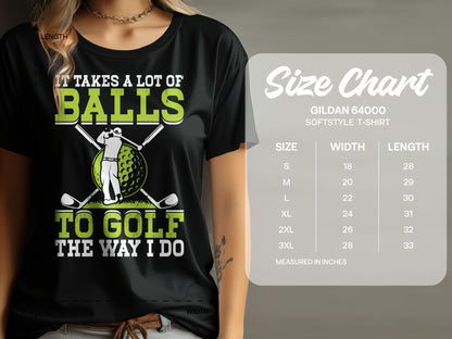 Green t-shirt with golf graphic and size chart for Gildan 64000 t-shirt.