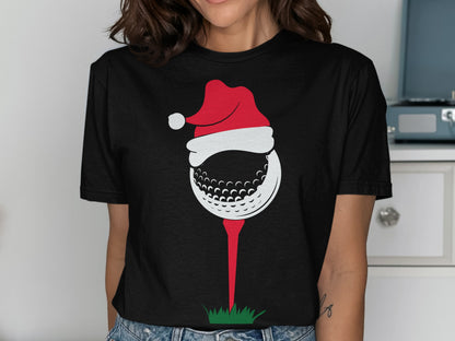 Black t-shirt with a Christmas golf ball on a tee design.