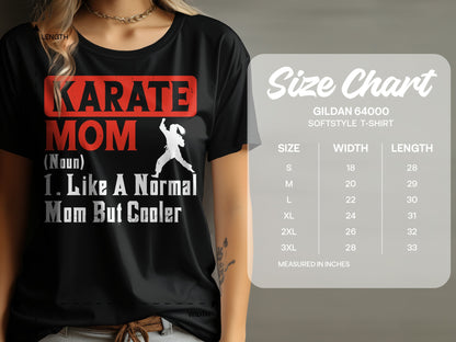 Black t-shirt with "Karate Mom" and size chart.