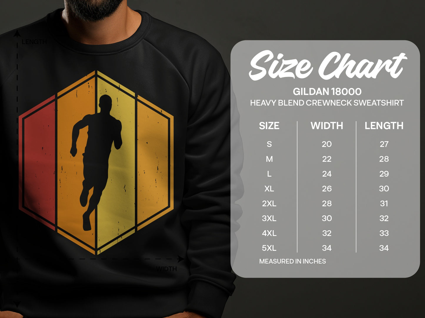 Size chart for Gildan 18000 heavy blend crewneck sweatshirt.