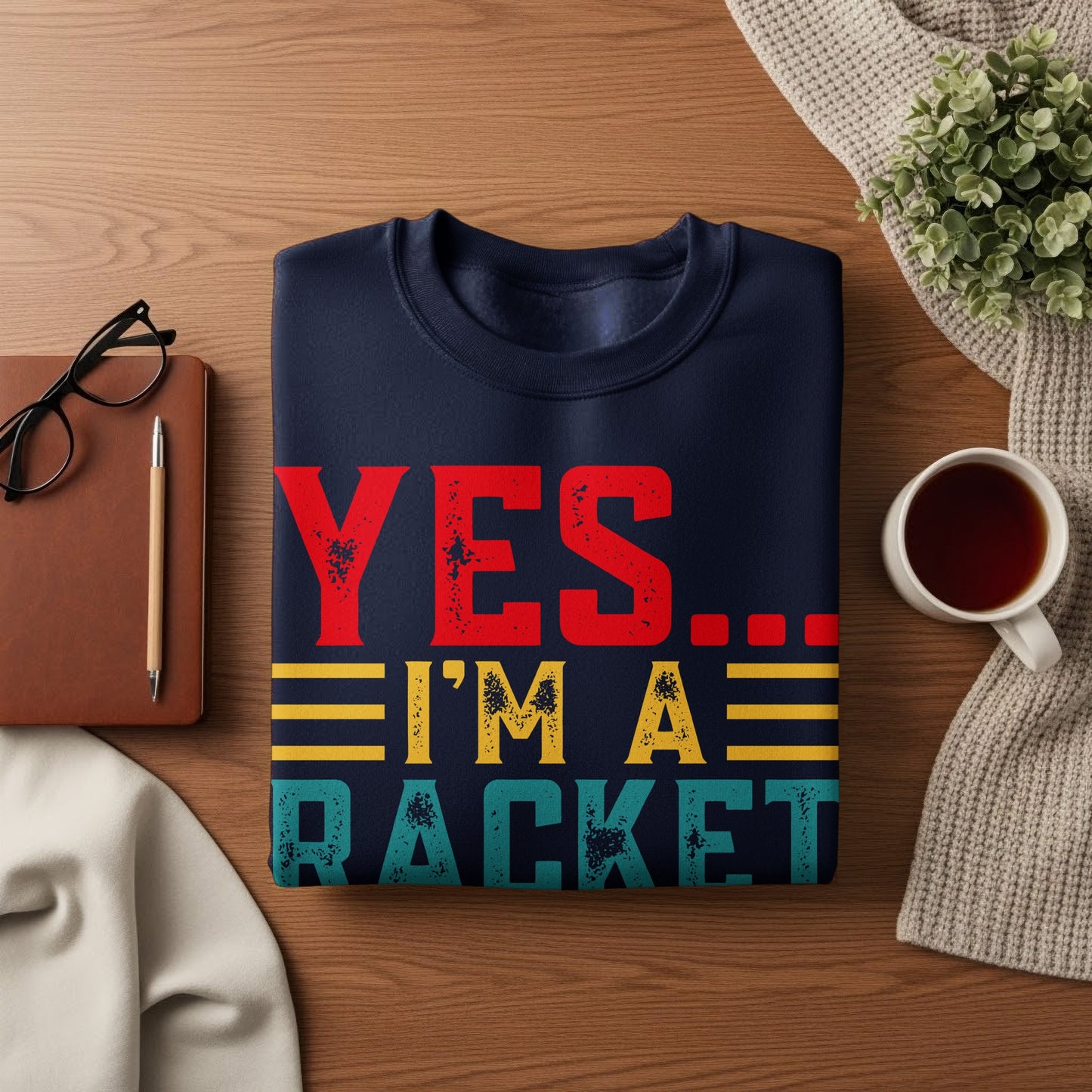 Navy sweatshirt with "YES... I'M A RACKET" text in red, yellow, and blue.