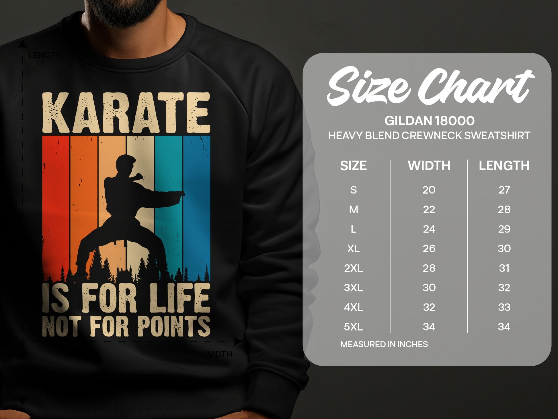 Black sweatshirt with karate graphic and Gildan 18000 size chart.