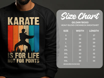 Black sweatshirt with karate graphic and Gildan 18000 size chart.