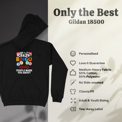 Black hoodie with "I'm the Crazy Bingo Lady" text and Gildan 18500 details.