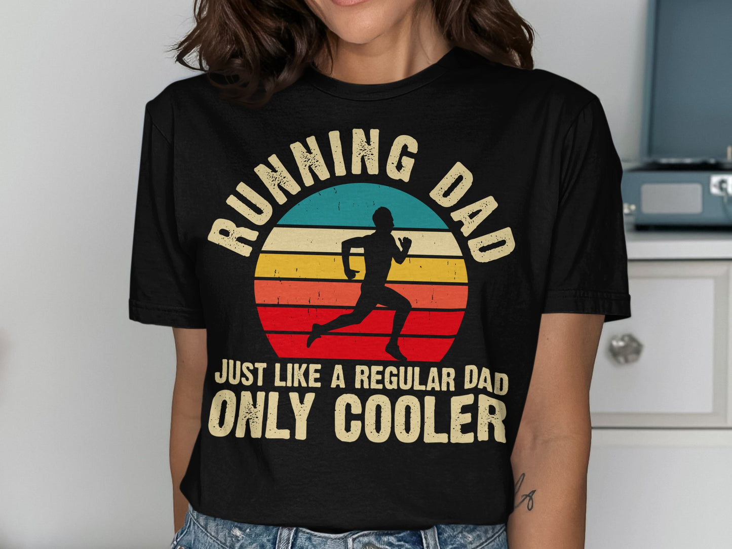 Running Dad, just like a regular dad, only cooler, retro sunset graphic t-shirt.