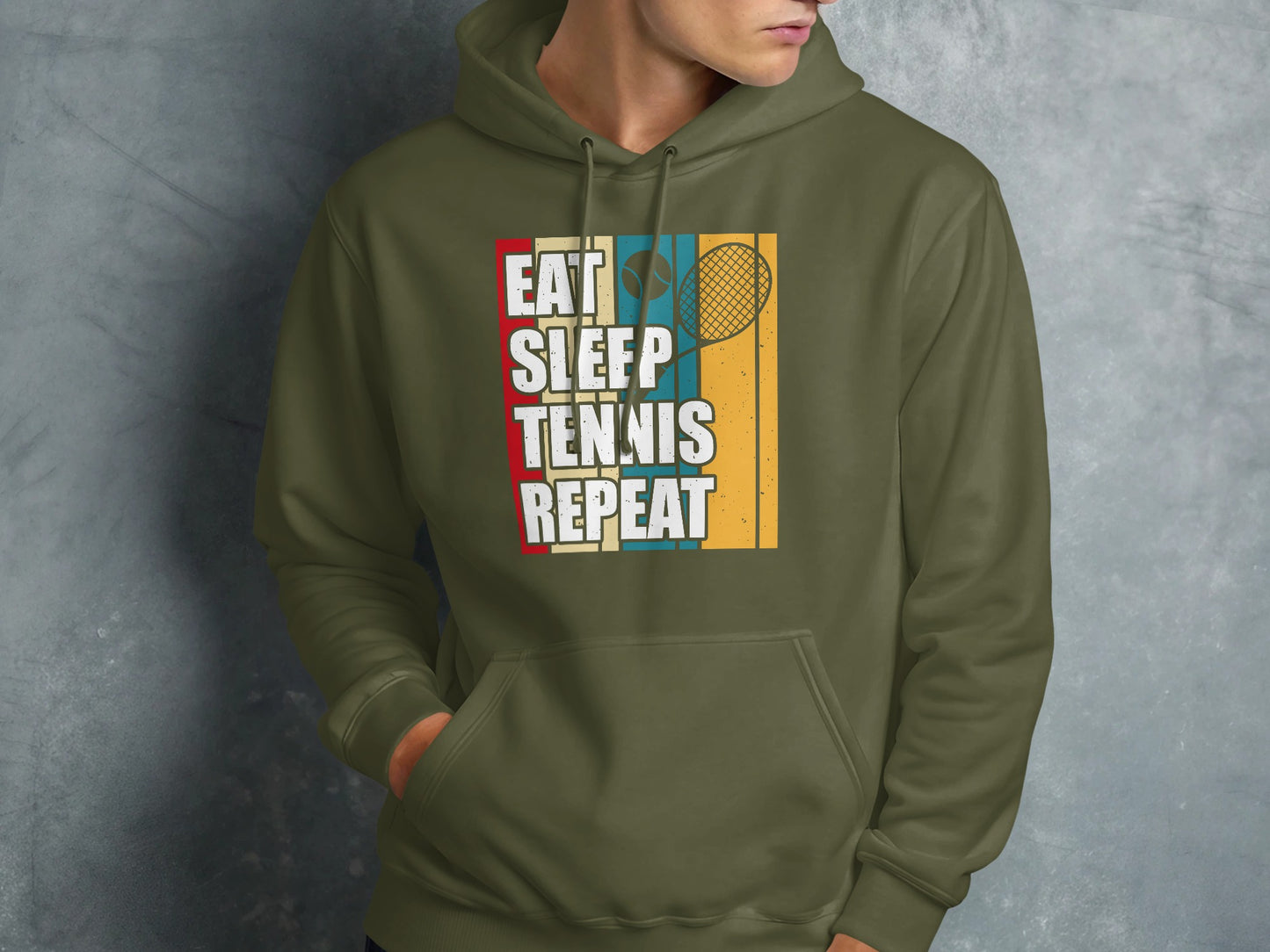 Green hoodie with "Eat Sleep Tennis Repeat" text and tennis racket graphic.