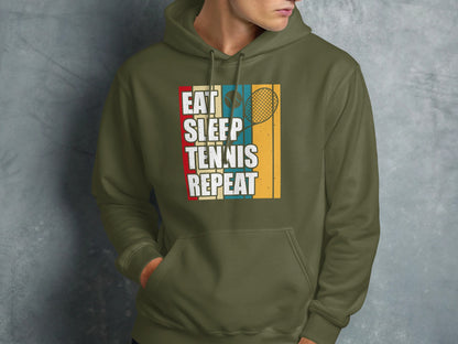 Green hoodie with "Eat Sleep Tennis Repeat" text and tennis racket graphic.