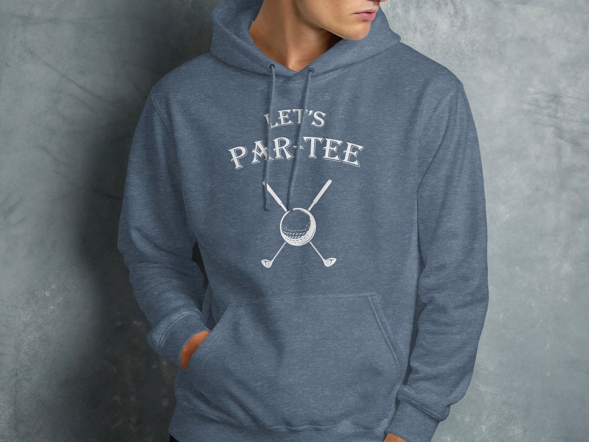 Blue hoodie with "Let's Par-Tee" text and golf clubs graphic.