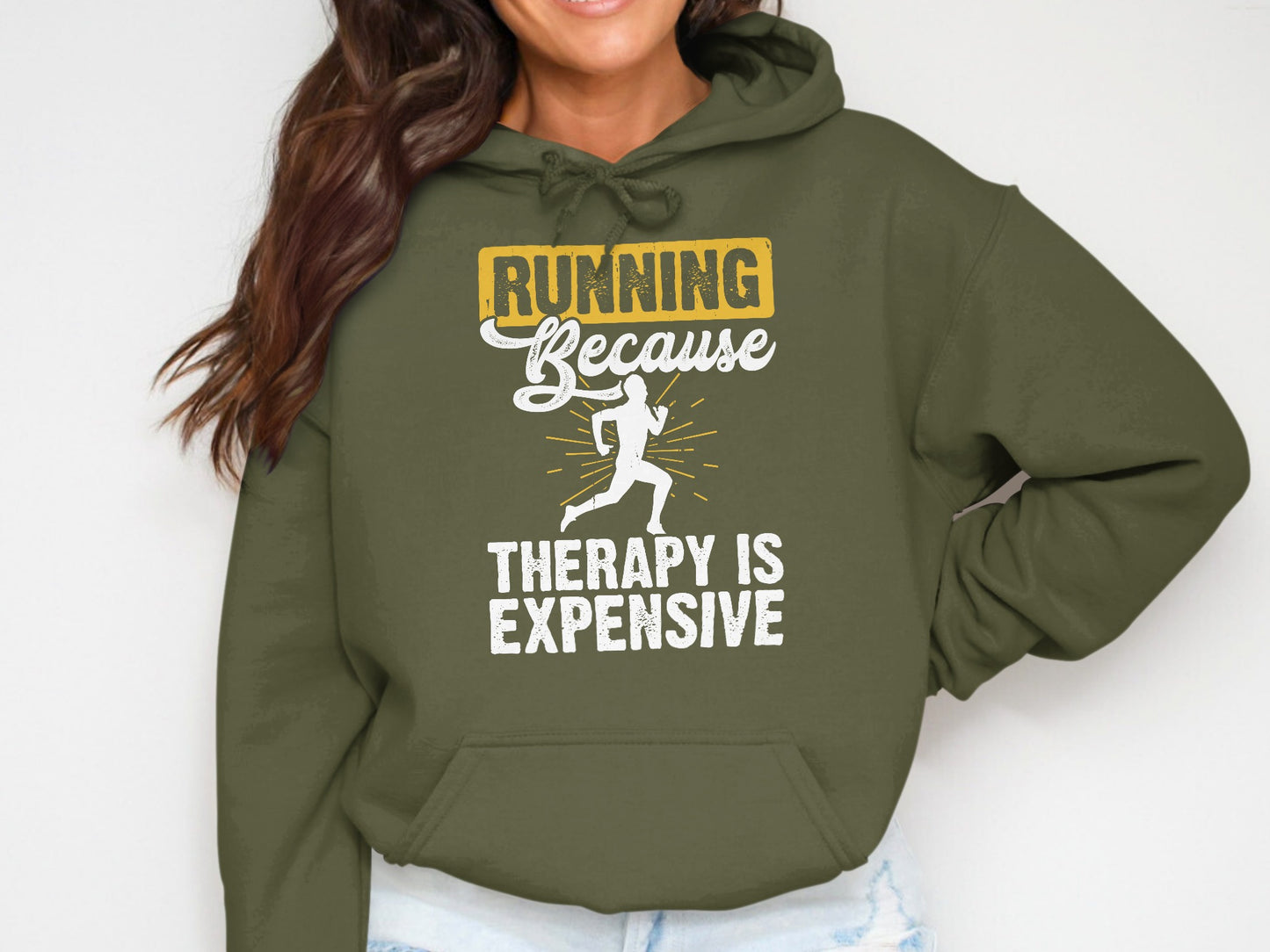 Green hoodie with "Running Because Therapy Is Expensive" text and running figure.