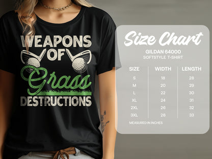 Black t-shirt with "Weapons of Grass Destructions" graphic and Gildan size chart.