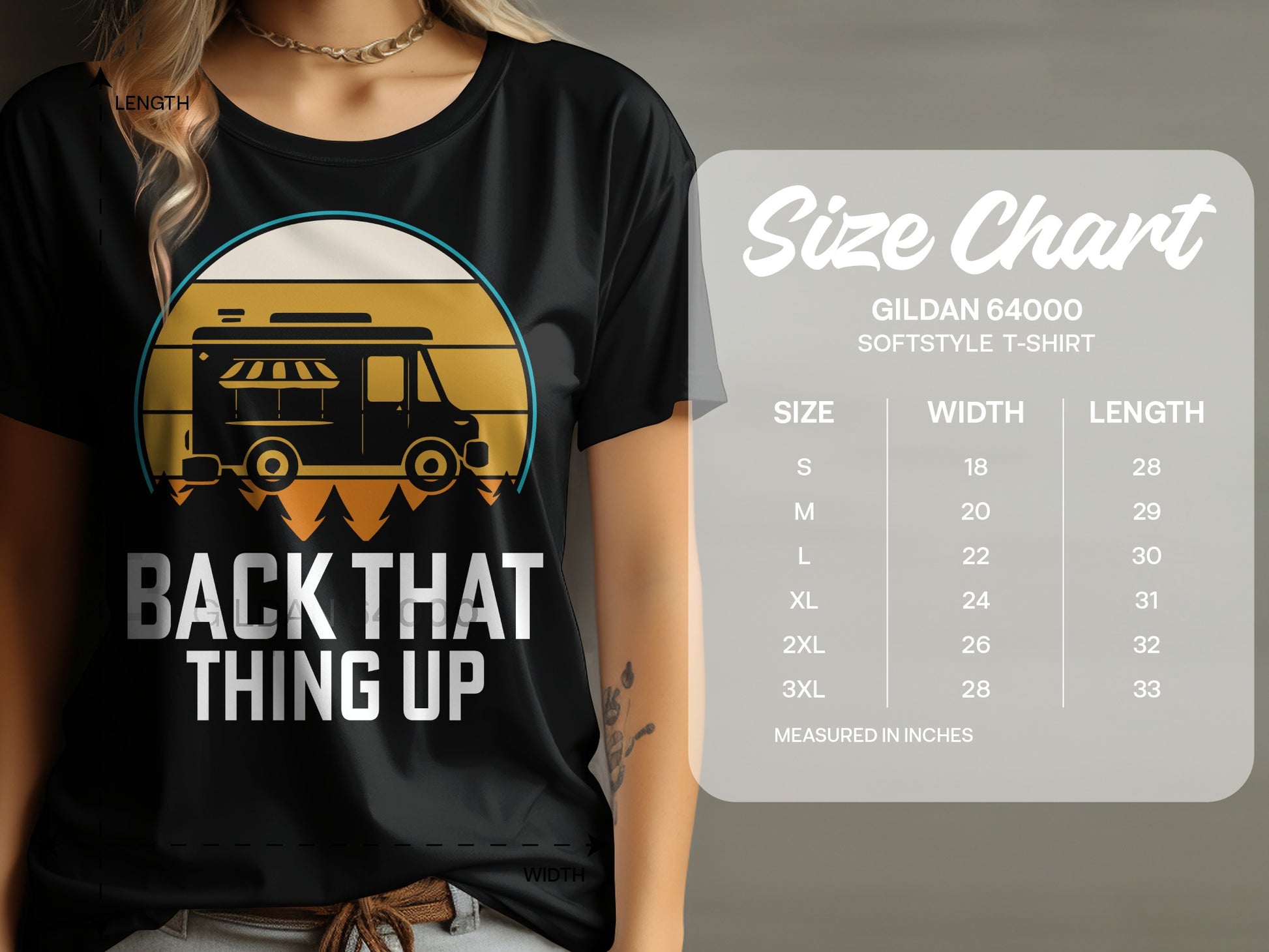 T-shirt with graphic of a camper van and "Back That Thing Up" text.