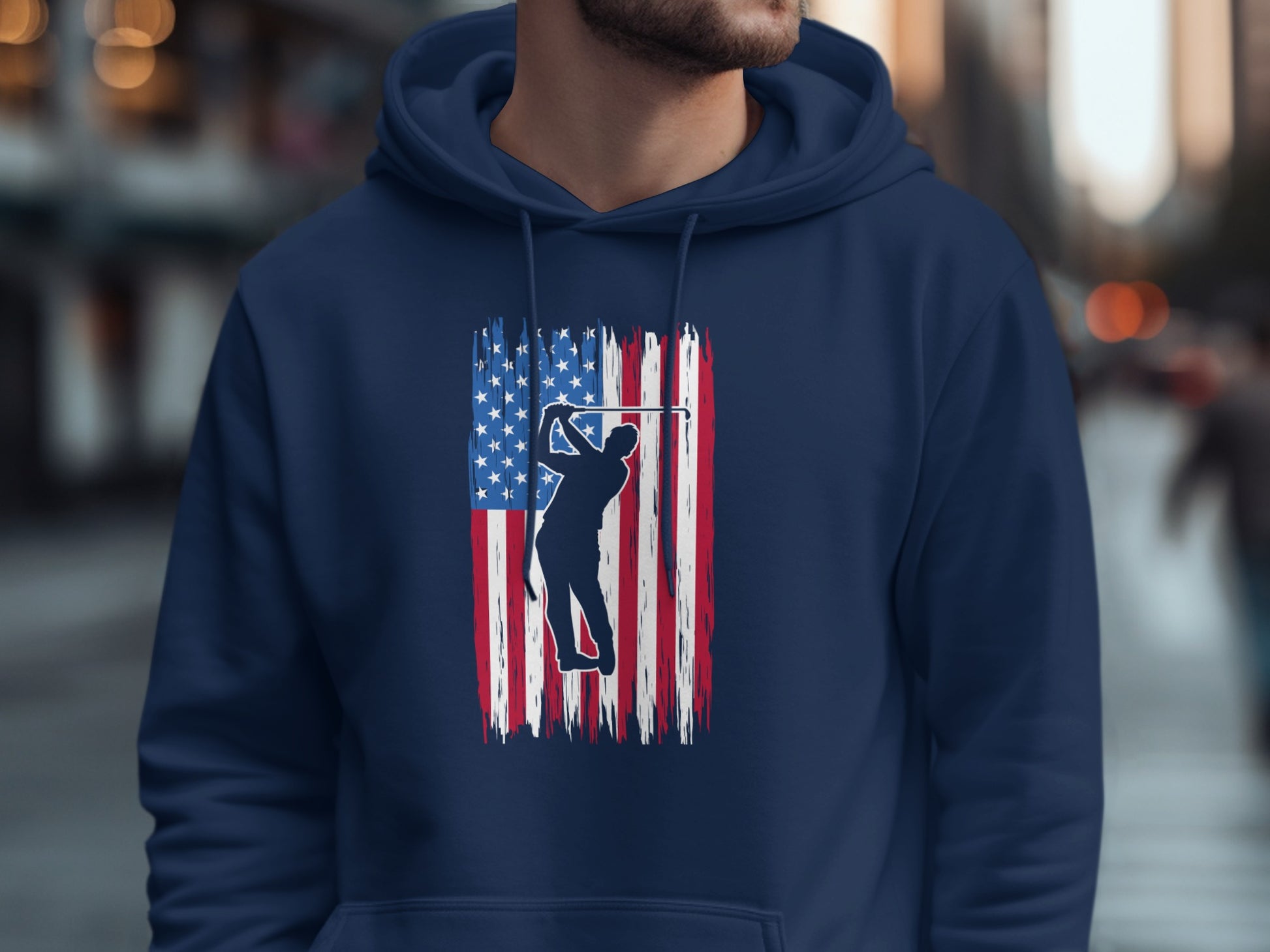 Navy hoodie with distressed American flag and golfer graphic.