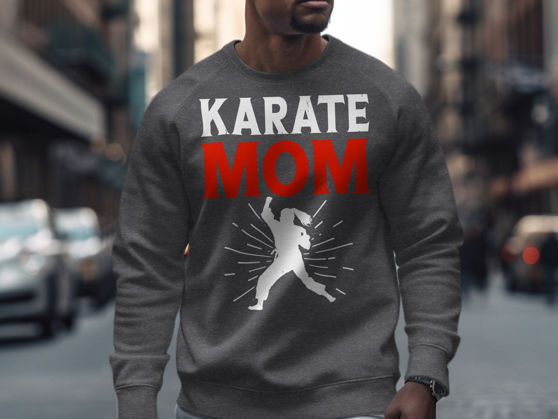 Gray sweatshirt with "KARATE MOM" and a karate silhouette.
