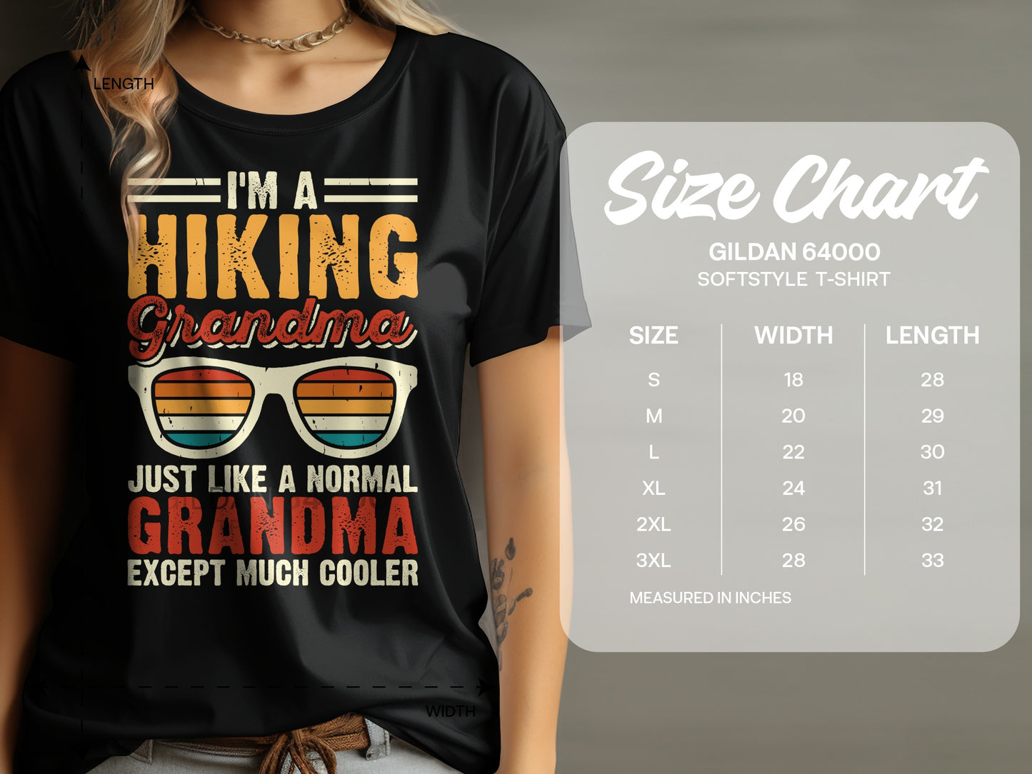 T-shirt with "I'm a hiking Grandma" text and sunglasses, with a size chart.