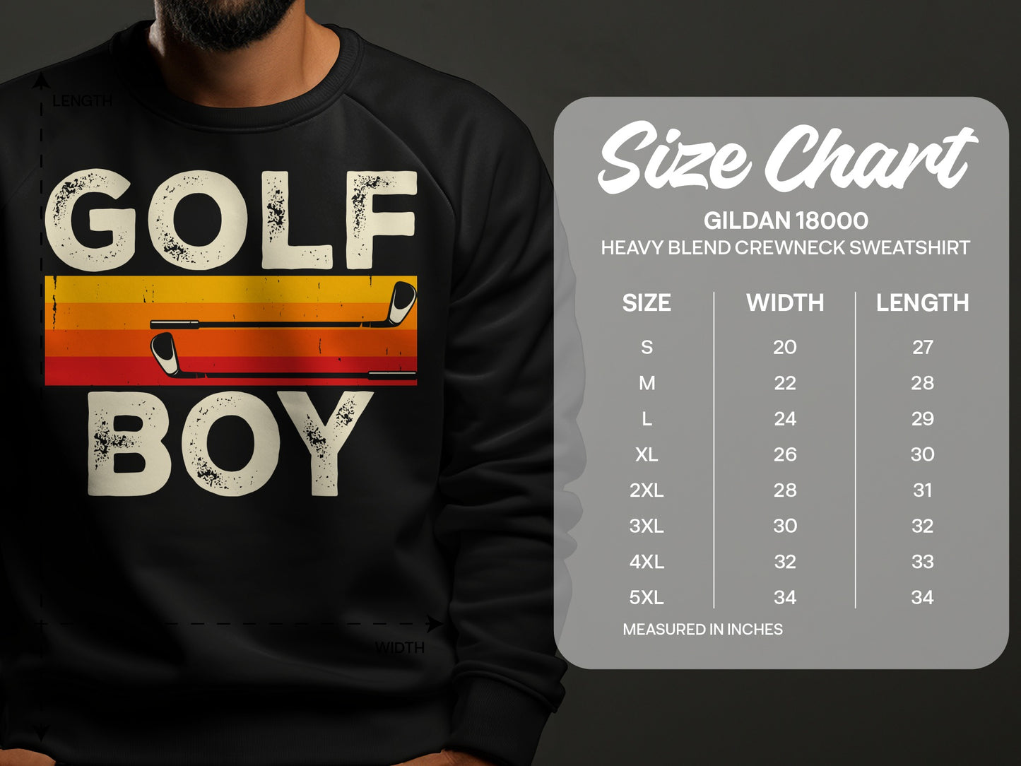 GOLF BOY graphic on sweatshirt with size chart for Gildan 18000 sweatshirt.