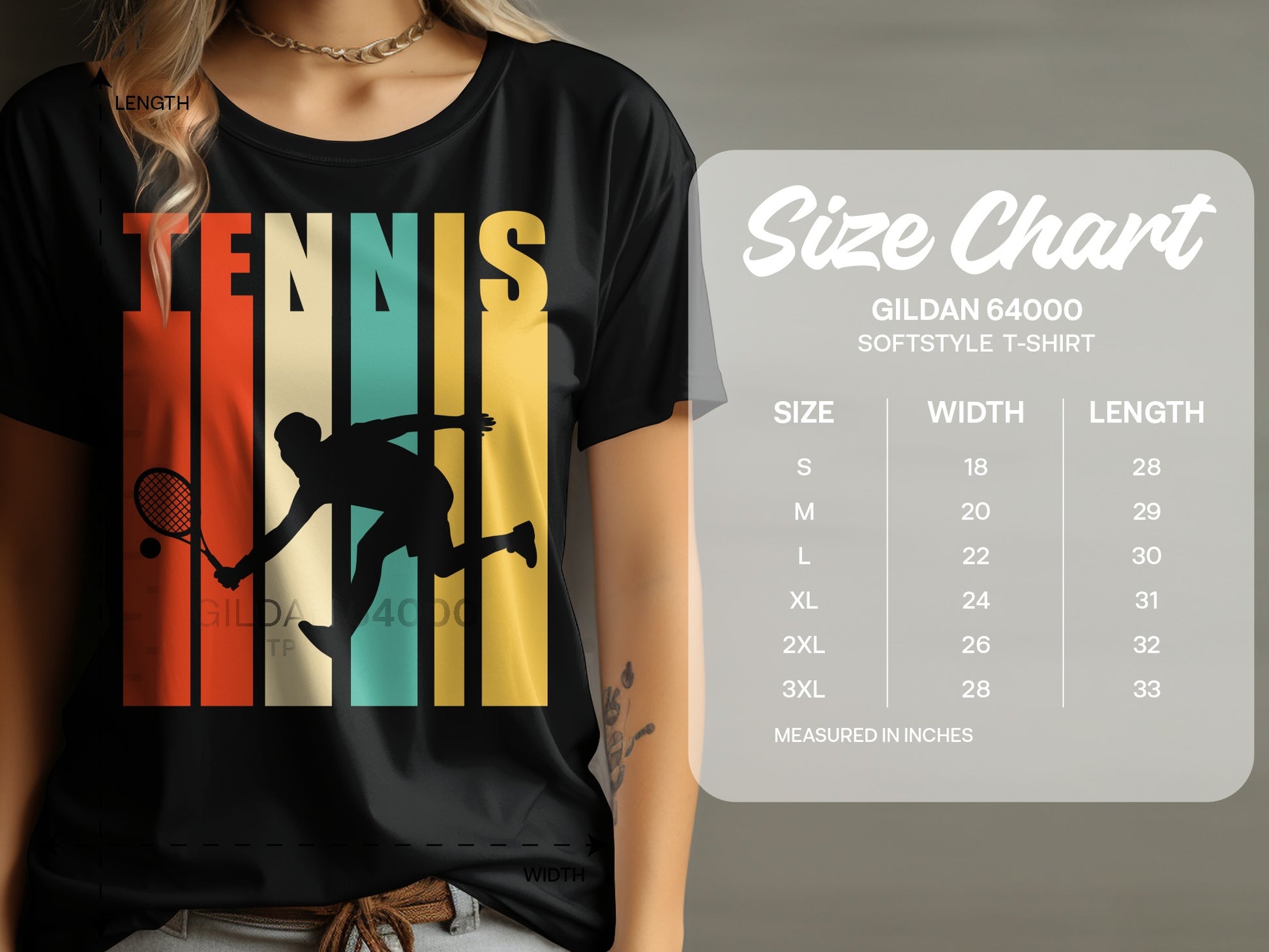 T-shirt with "TENNIS" graphic and size chart for Gildan 64000 t-shirt.