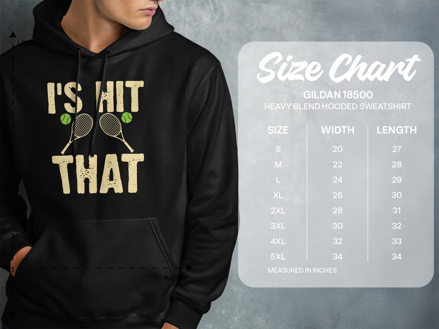 T-shirt with text "I'S HIT THAT" and tennis rackets, with size chart.
