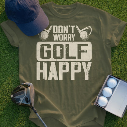 Green t-shirt with "Don't Worry Golf Happy" text, golf balls, and clubs.