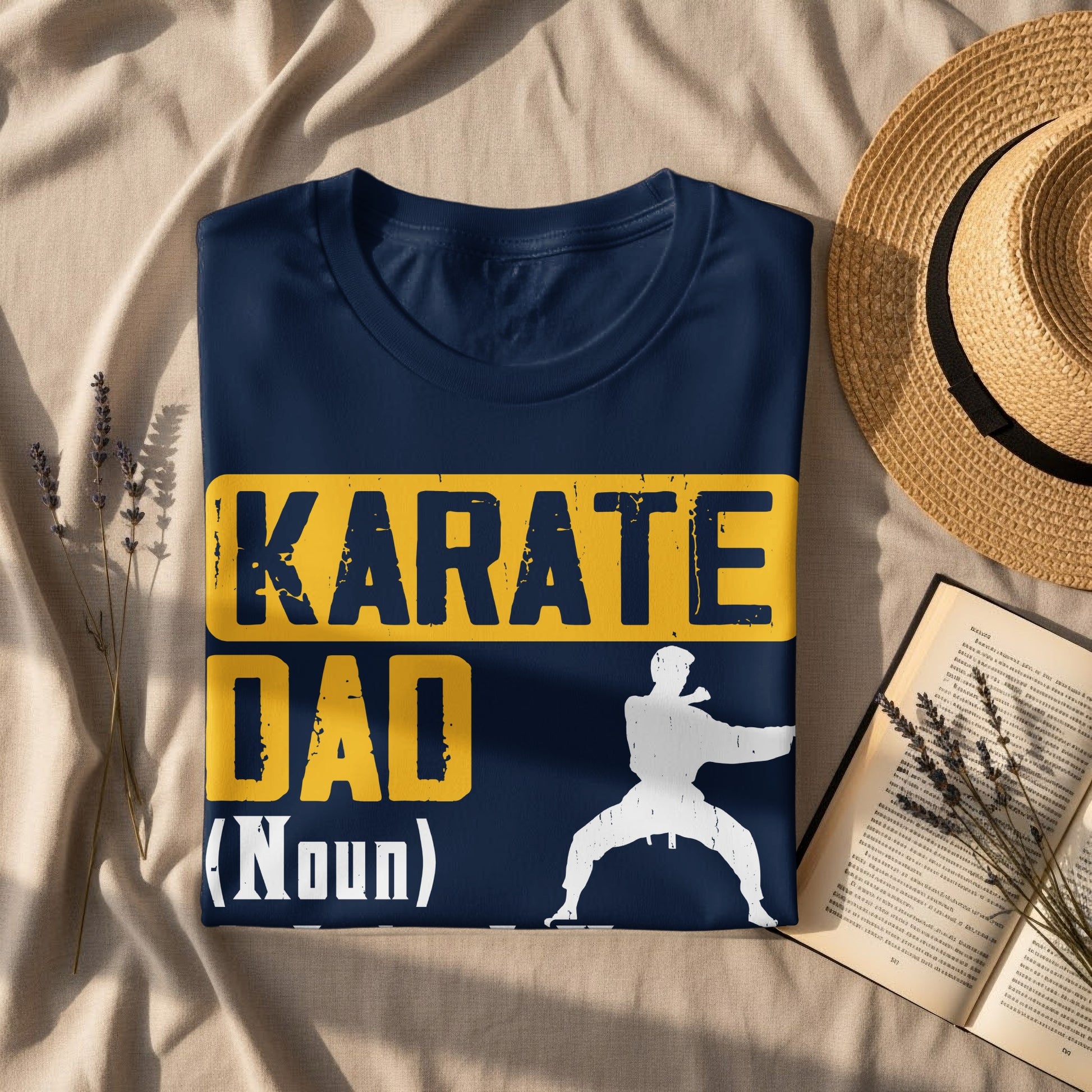 Navy t-shirt with "Karate Dad" text and a martial artist silhouette.