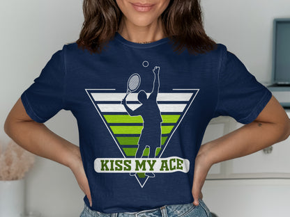 Navy t-shirt with tennis player graphic and "Kiss My Ace" text.