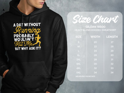 Black hooded sweatshirt with "A Day Without Running" graphic and Gildan size chart.