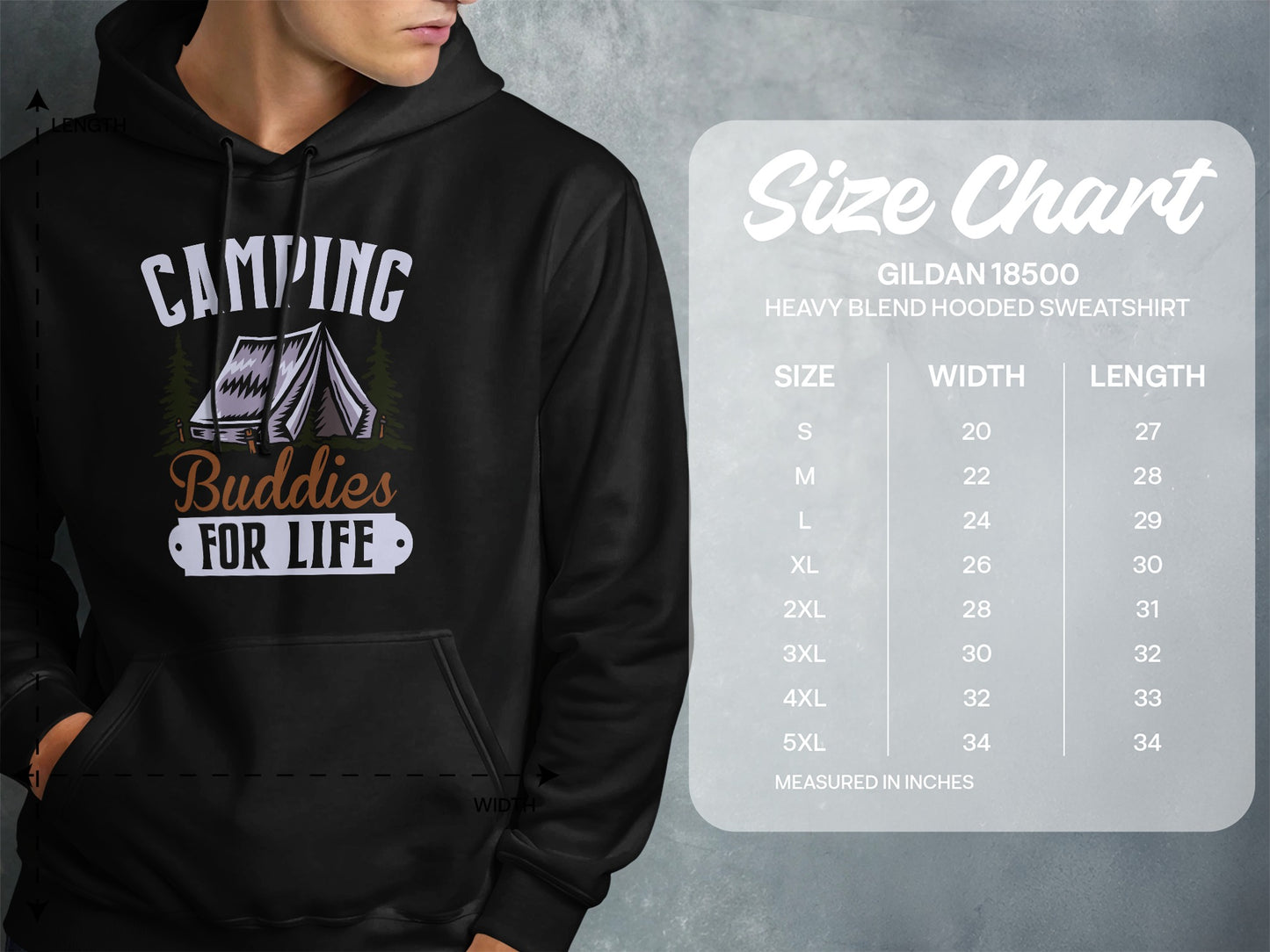 Hooded sweatshirt with "Camping Buddies For Life" graphic and size chart.