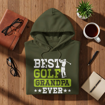 Green hoodie with "BEST GOLF GRANDPA EVER" text and a golfer graphic.