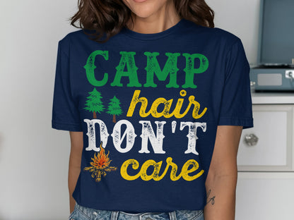 Navy t-shirt with "CAMP hair DON'T care" text and camping graphics.