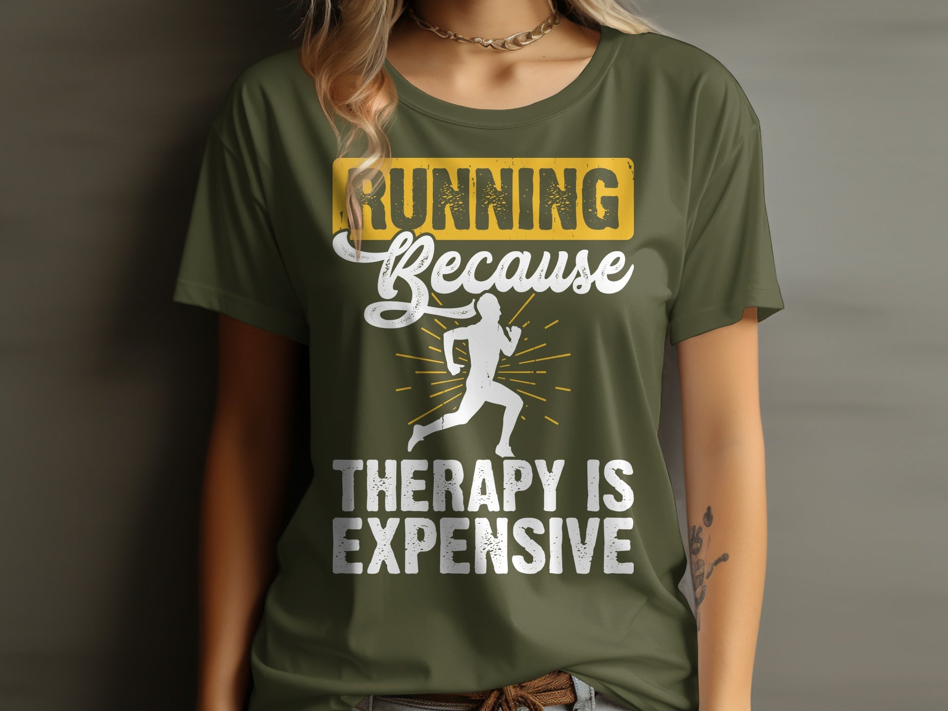 Green t-shirt with "Running Because Therapy Is Expensive" and runner graphic.