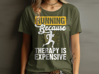 Green t-shirt with "Running Because Therapy Is Expensive" and runner graphic.