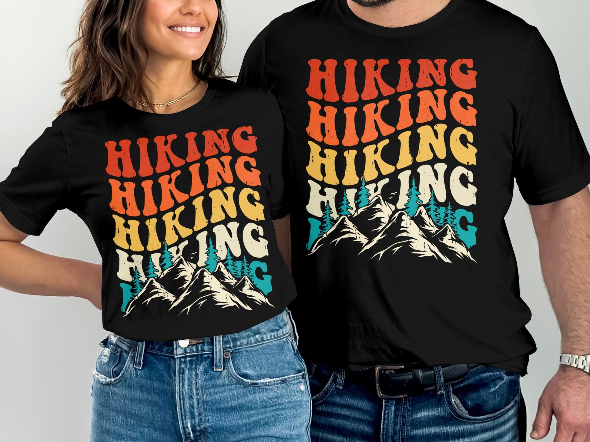 Two black t-shirts with "Hiking" text and mountain graphic.