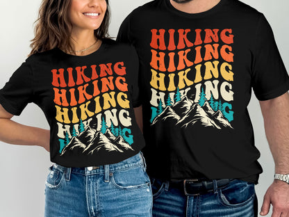 Two black t-shirts with "Hiking" text and mountain graphic.