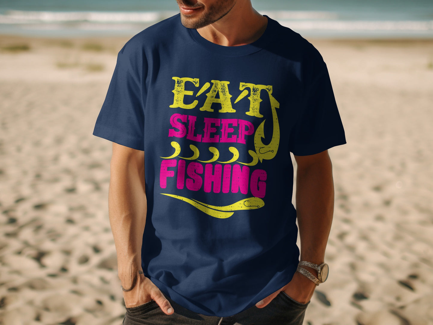 Navy t-shirt with "Eat Sleep Fishing" text and fishhook graphic.