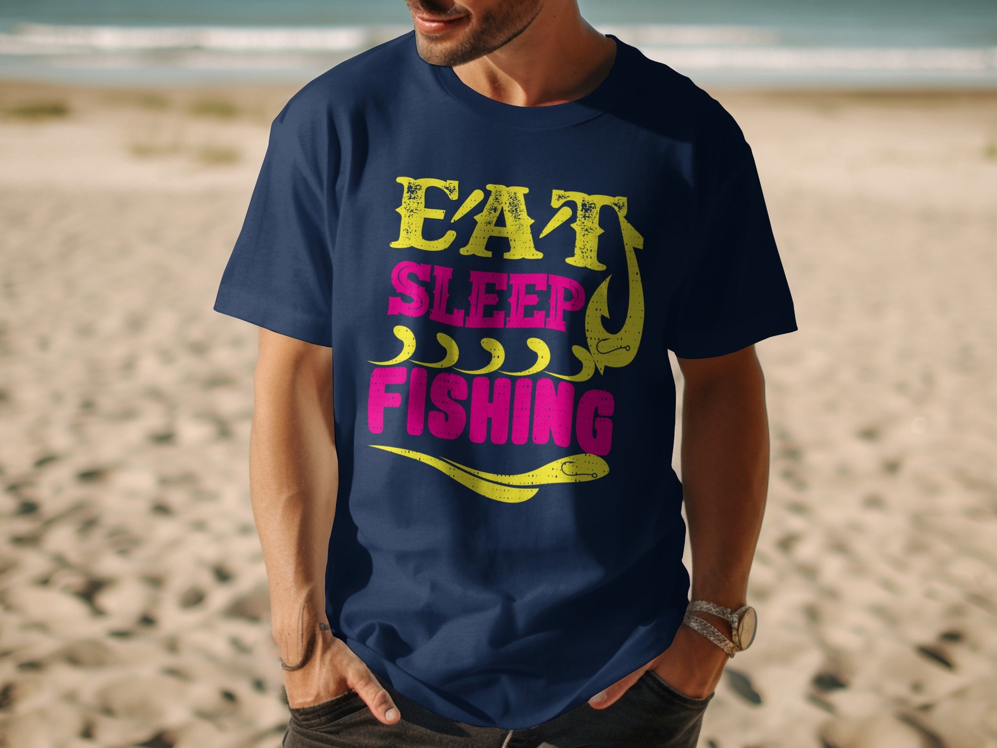 Navy t-shirt with "Eat Sleep Fishing" text and fishhook graphic.