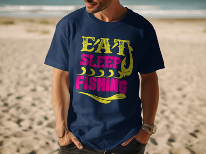 Navy t-shirt with "Eat Sleep Fishing" text and fishhook graphic.